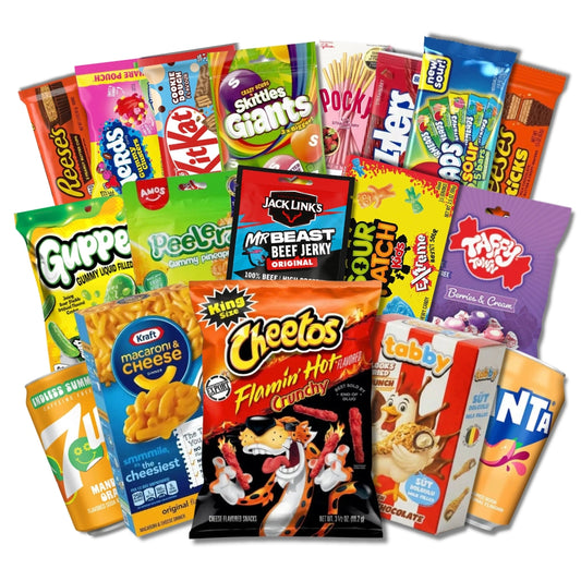Paket raznih grickalica u više vrećica; Jack Links, MrBeast, Cheetos